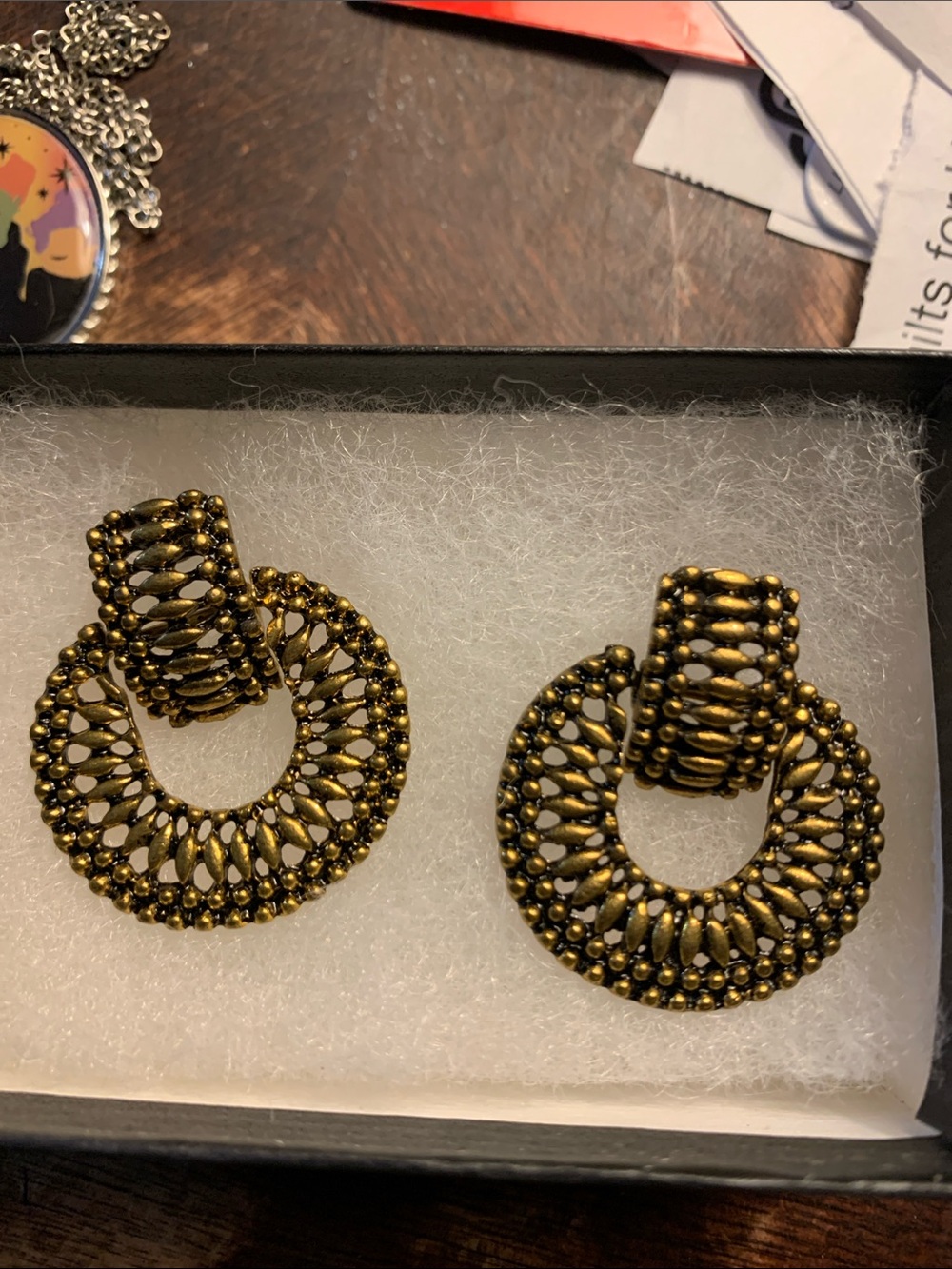 Filigree Hoop Drop Earrings in Antique Gold